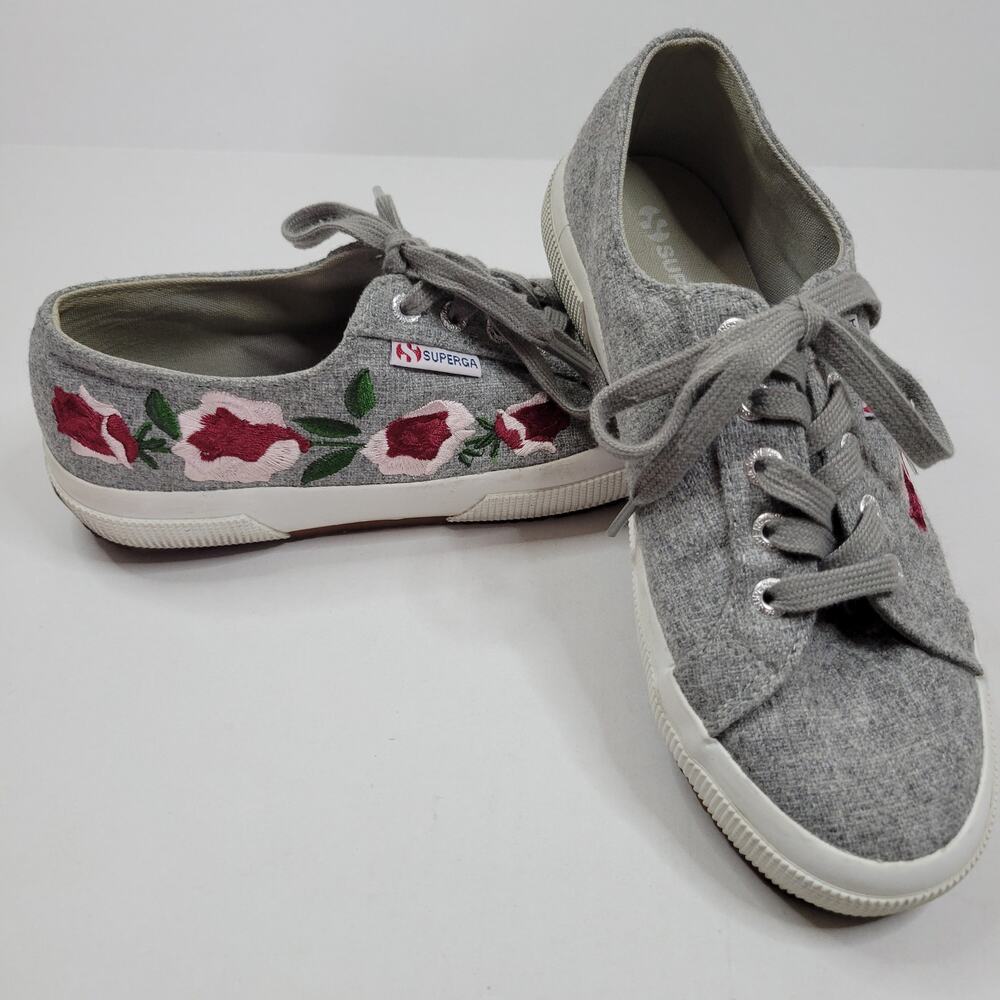 Superga Women's Gray Wool Fashion Sneakers Floral Embroidered Size 7.5 (EU 38)